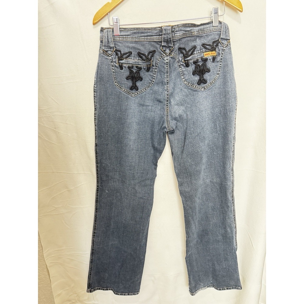 Bisou Women's Jeans Size 12 Black Embroidery Wide Leg 32" Inseam Y2K - Picture 4 of 6